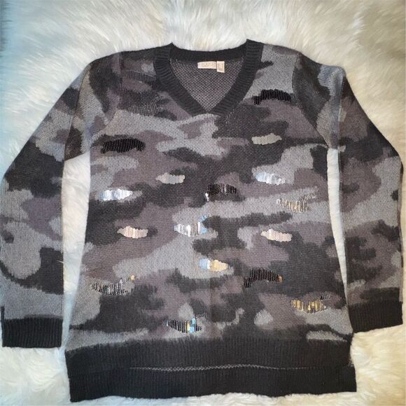 LOGO Lavish Lori Goldstein Womens Gray Camo V-Neck Sweater Sequin Accents Size S - Picture 5 of 13